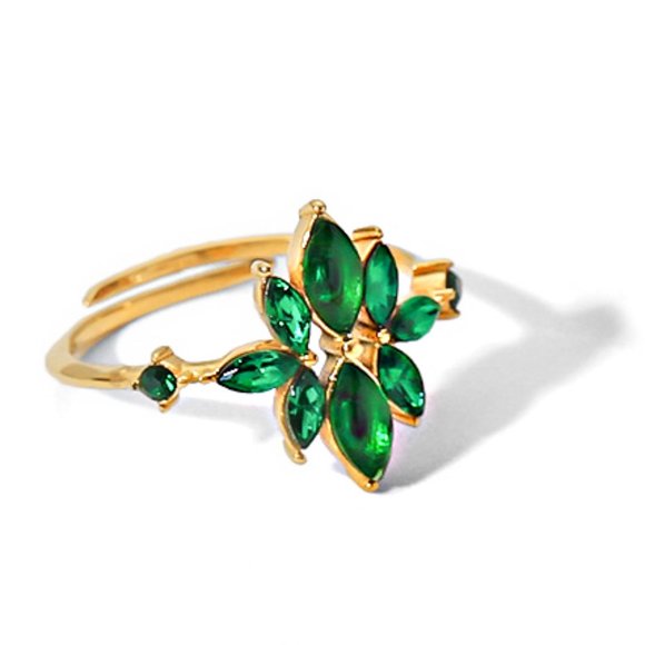 Boutique Jewelry - Green Flower Zircon Ring 18k Gold Adjustable